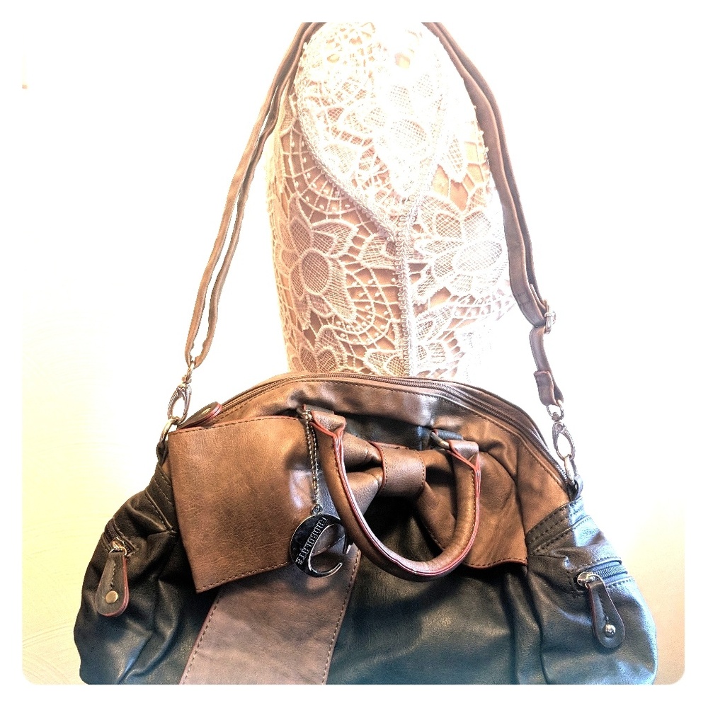 Chocolate Brand Grey and Tan Bow Hobo Purse-EUC